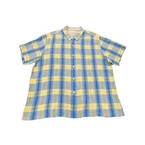 Tommy Bahama Linen Hawaiian Shirt Mens 2XL Blue Yellow Plaid Resortwear Coastal